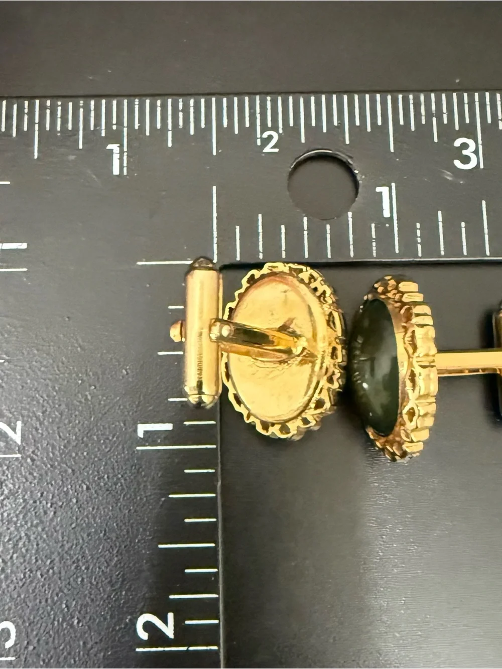 Vintage ANSON Gold-tone Faux Jade Green Stone Cabochon Mesh Cufflinks